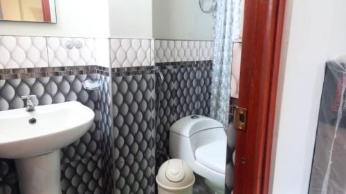 La petite salle de bains est pourvue d'un lavabo et de toilettes. dans l'établissement Hospedaje Roma, à Huánuco