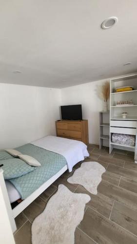 - une chambre avec un lit et deux tapis au sol dans l'établissement 2 pièces d'environ 25m2, à Torcy