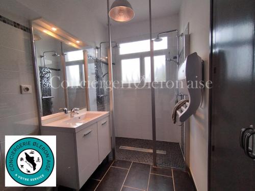 La salle de bains est pourvue d'un lavabo et d'une douche avec un miroir. dans l'établissement La Maison Noémie, à Le Trait dʼUnion
