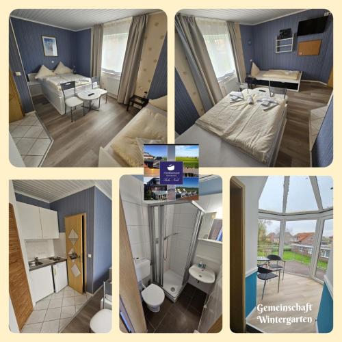 a collage of four pictures of a room at NordseeResort Hotel & Suite Arche Noah in Horumersiel