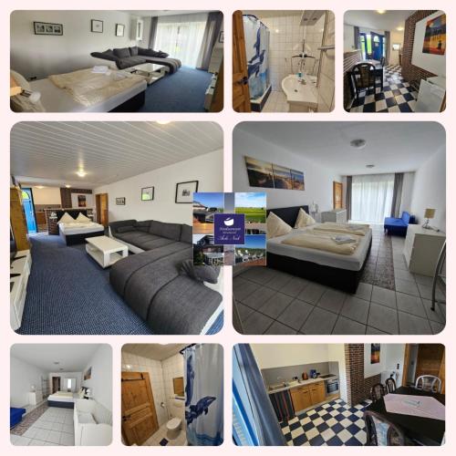 a collage of four pictures of a room at NordseeResort Hotel & Suite Arche Noah in Horumersiel