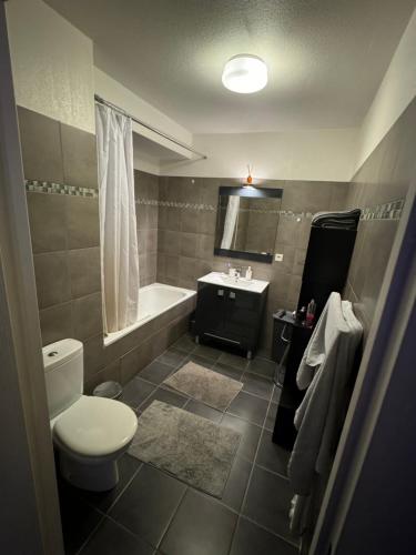 une salle de bain avec toilettes, baignoire et lavabo dans l'établissement Beau 2 pièces en plein centre de Cannes, à Cannes