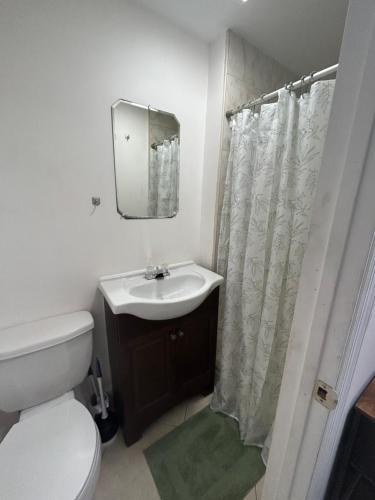 y baño con aseo, lavabo y espejo. en Private Rooms in West Palm Beach - Next to Airport en West Palm Beach