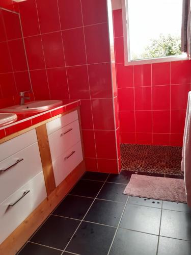 La salle de bains est pourvue de carrelage rouge, d'un lavabo et d'une fenêtre. dans l'établissement Verdure et calme proche ville, à Saint-Yrieix-sur-Charente