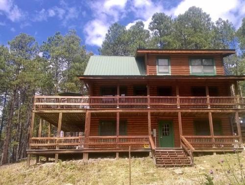 a large wooden house on a hill with trees at Bear Paw Lodge in Vallecito