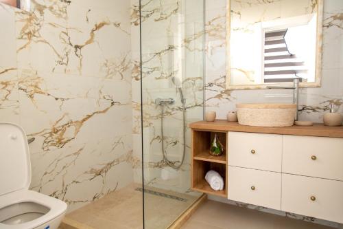 ウルツィニにあるVilla Salčのトイレとガラスのシャワー付きのバスルーム