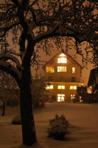 a house in the snow with a tree in the foreground at Hotel des Glücks - Landhotel Fischl in Sankt Oswald