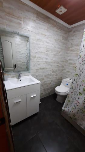 a bathroom with a sink and a toilet at Apart Hotel Vicencio Iquique in Iquique