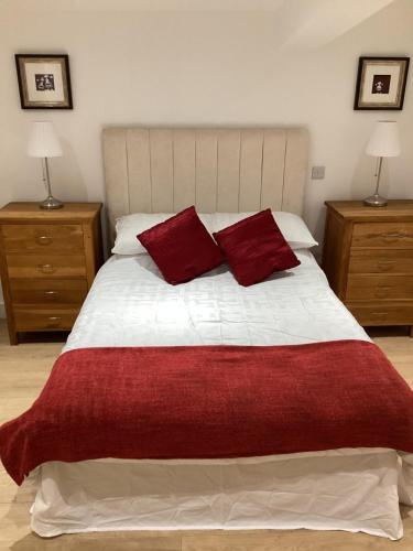 een slaapkamer met een bed met 2 rode kussens bij The Tack Shed in Dairsie