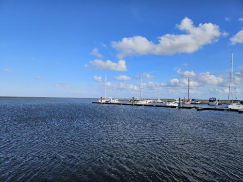 a dock in the water with boats on it at NordseeResort Hotel & Suite Arche Noah in Horumersiel