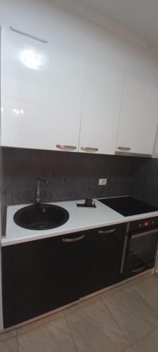 a black and white kitchen with a sink at LoreHan apartman 2 in Becici
