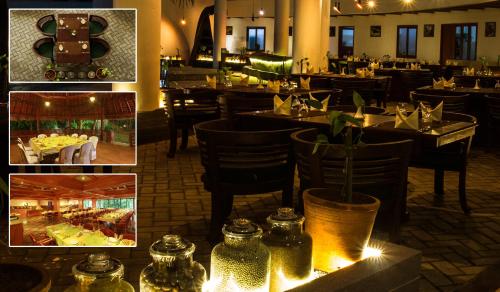 a collage of photos of a restaurant with tables at Vythiri Village in Vythiri