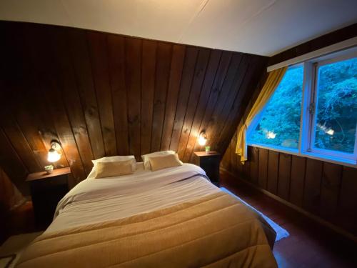 a bedroom with a bed with two pillows and a window at Centro Turístico Anticura Parque Nacional Puyehue 