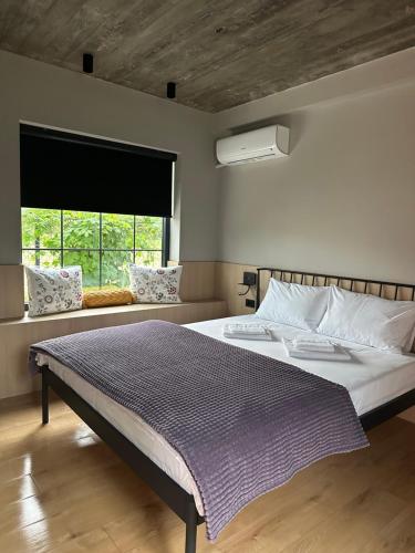 a bedroom with a large bed and a window at Villa Number 6 in Skopje