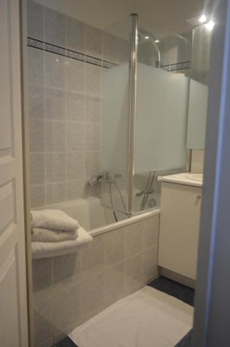 a bathroom with a shower and a tub and a sink at Paris Ouest Appartment in Courbevoie