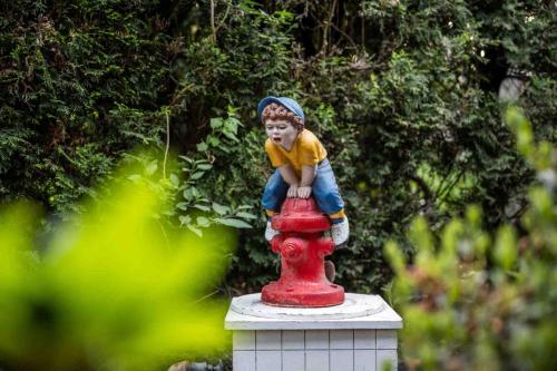 a little boy sitting on top of a fire hydrant at Jim and Shirley's Cukoo's Nest in Hillsboro