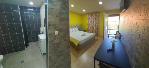 a bedroom with a bed and a bathroom with a shower at Gojim Casa Rural in Armamar
