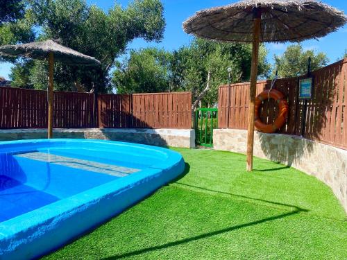 una piscina con ombrellone e un po' di erba di Esencia&Alma a El Charco
