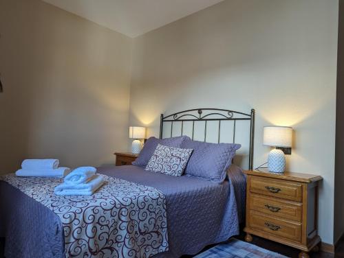 um quarto com uma cama com lençóis azuis e uma mesa de cabeceira em Noly Apartamento em Monforte de Lemos