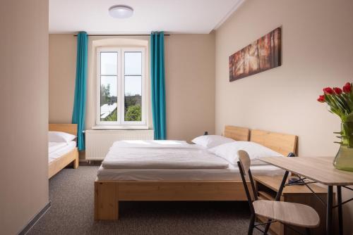 um quarto com uma cama, uma mesa e uma janela em Penzion Praděd Thamm em Zlaté Hory