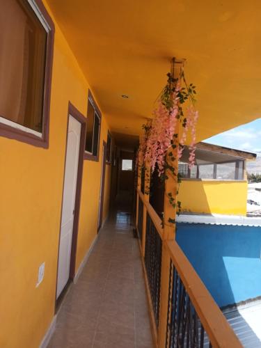 a corridor of a house with yellow walls and flowers at Hospedaje Barato Mi Casita de Colores in Tijuana
