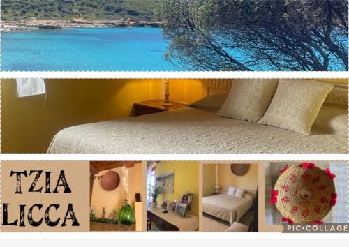 un collage de dos fotos de un dormitorio y un lago en Affitti brevi Tzia Licca en Teulada