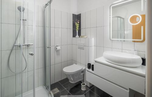 a bathroom with a shower and a toilet and a sink at 3 Bedroom Gorgeous Home In Labin in Labin