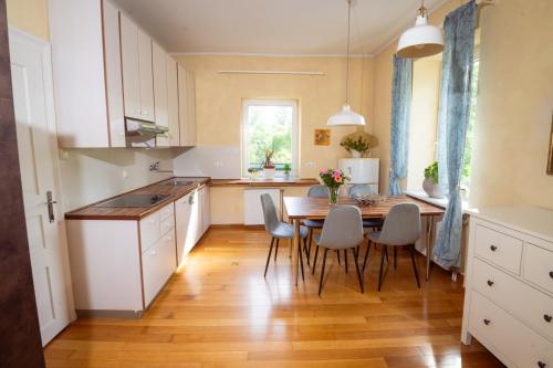 a kitchen with a table and chairs in a kitchen at Riverview Residence - with parking in Ljubljana