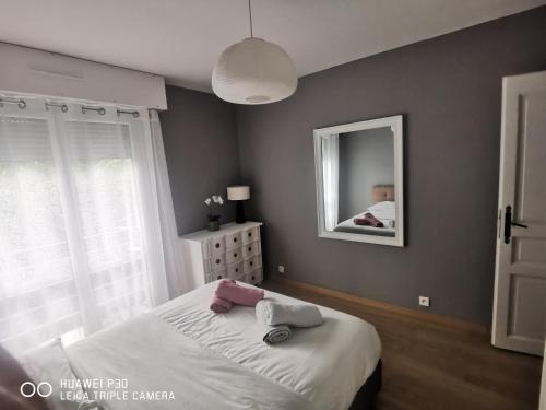 une chambre avec un lit et un miroir dans l'établissement thierry, à Saint-Jorioz