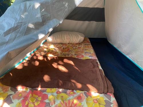 Una cama en una tienda con una almohada. en Camping Permacultural Filhos da Floresta en Vale do Capao