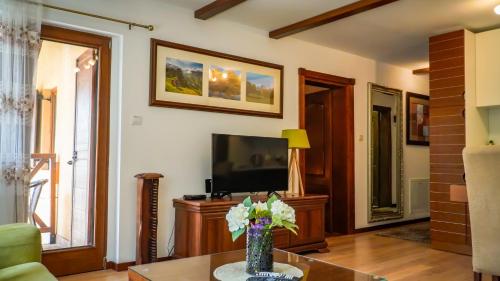 a living room with a tv and a vase of flowers on a table at or'o apartments in Žabljak