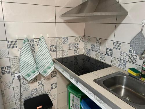 a kitchen counter with a sink and a sink at Sunflower Guest House - Pico in São Caetano