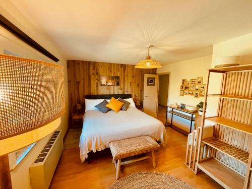 1 dormitorio con 1 cama y escritorio en una habitación en Au Roch' Han en Han-sur-Lesse
