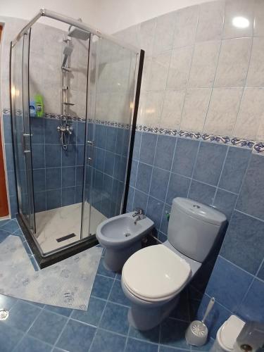 a bathroom with a toilet and a shower at Muska Comfy Apartment in Berat