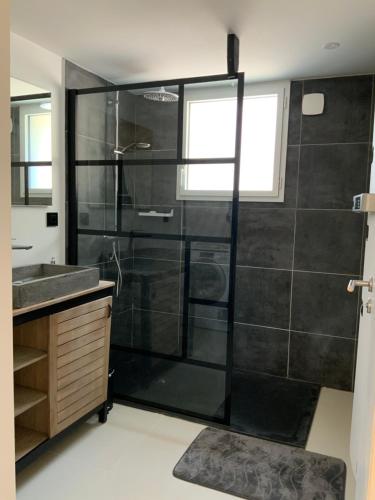 a bathroom with a glass shower and a sink at Villa STEVAN in Bonifacio