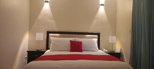 Un dormitorio con una cama con una almohada roja. en Hotel Eduards Suite, en Macuto
