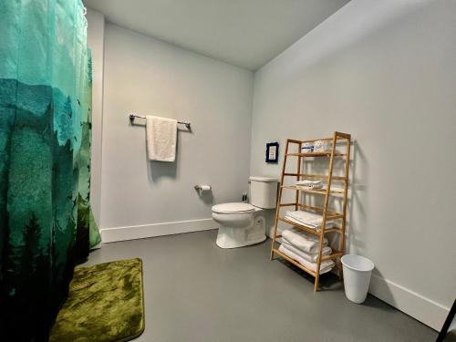 MainevilleにあるKings Island Loft with Brewery, River, and Bike Trailのバスルーム(トイレ、タオル掛け付)