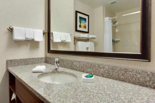 a bathroom with a sink and a mirror at Drury Inn & Suites Charlotte Arrowood in Charlotte