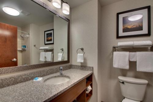 Drury Inn & Suites Iowa City Coralville في كورالفيل: حمام مع حوض ومرحاض ومرآة