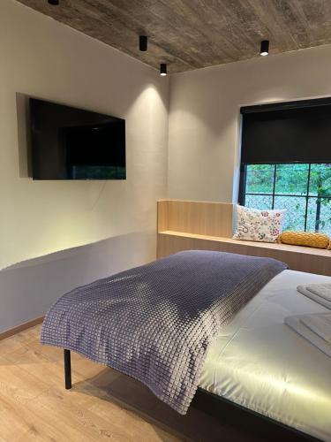 a bedroom with a large bed and a window at Villa Number 6 - apartment complex in Skopje