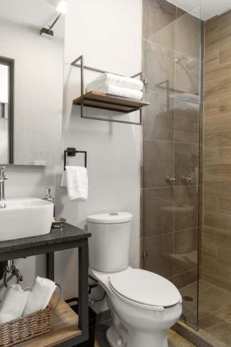 ein Badezimmer mit Toilette, Waschbecken und Dusche in der Unterkunft MS Luminosa Suite Arcos Hercules HD2 in Laborcillas