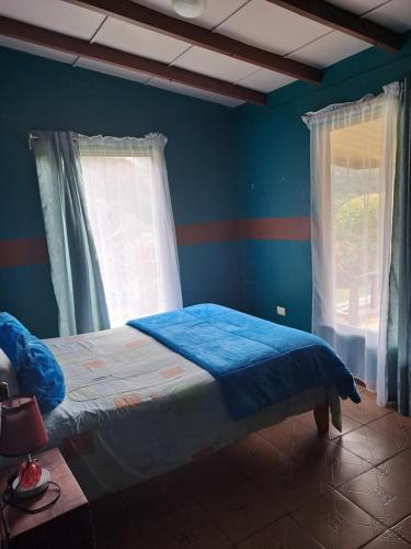 a bedroom with a bed with blue walls and windows at Casa #6 cabinas san gerardo in San José