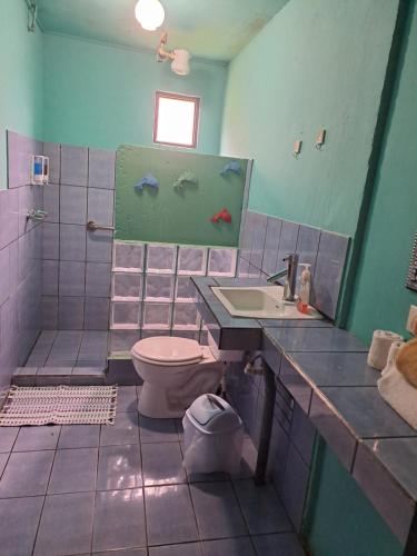 y baño con lavabo, aseo y ducha. en Casa #6 cabinas san gerardo, en San José