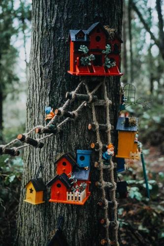 a group of toy houses on a tree at Perch - Ellie's Secret Cabin in Coupeville