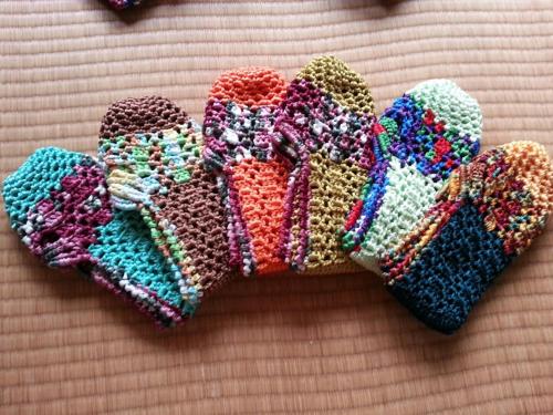 a group of crocheted crochet items on a bed at Hanok Madang in Jeonju