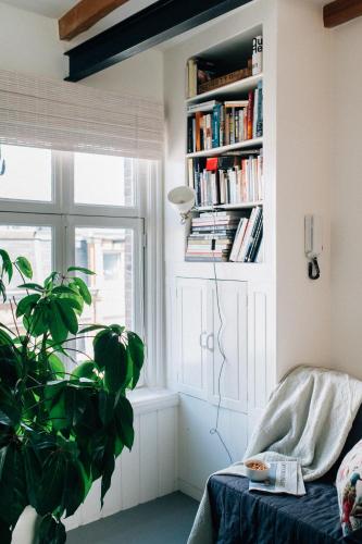 a living room with a book shelf and a plant at Boutique B&B Bovien in Amsterdam