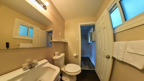 a bathroom with a sink and a toilet and a mirror at Maple Leaf Inn in Kincardine