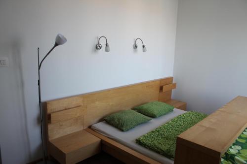 Zimmer mit einem Bett mit zwei grünen Kissen in der Unterkunft Downtown Terrace in Bratislava