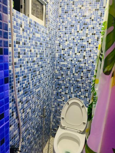 a bathroom with a toilet and blue tiled walls at ALERTA ROOFTOP LODGE in Magdiwang