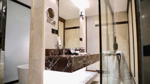 Five Seasons Hotel في تبوك: حمام مع حوض وحوض ومرآة